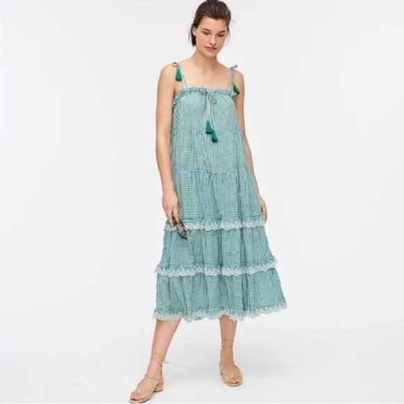 J. Crew Dress Women's S Green Gingham Midi Scalloped Tiered Eyelet Flowy Preppy - Picture 1 of 8